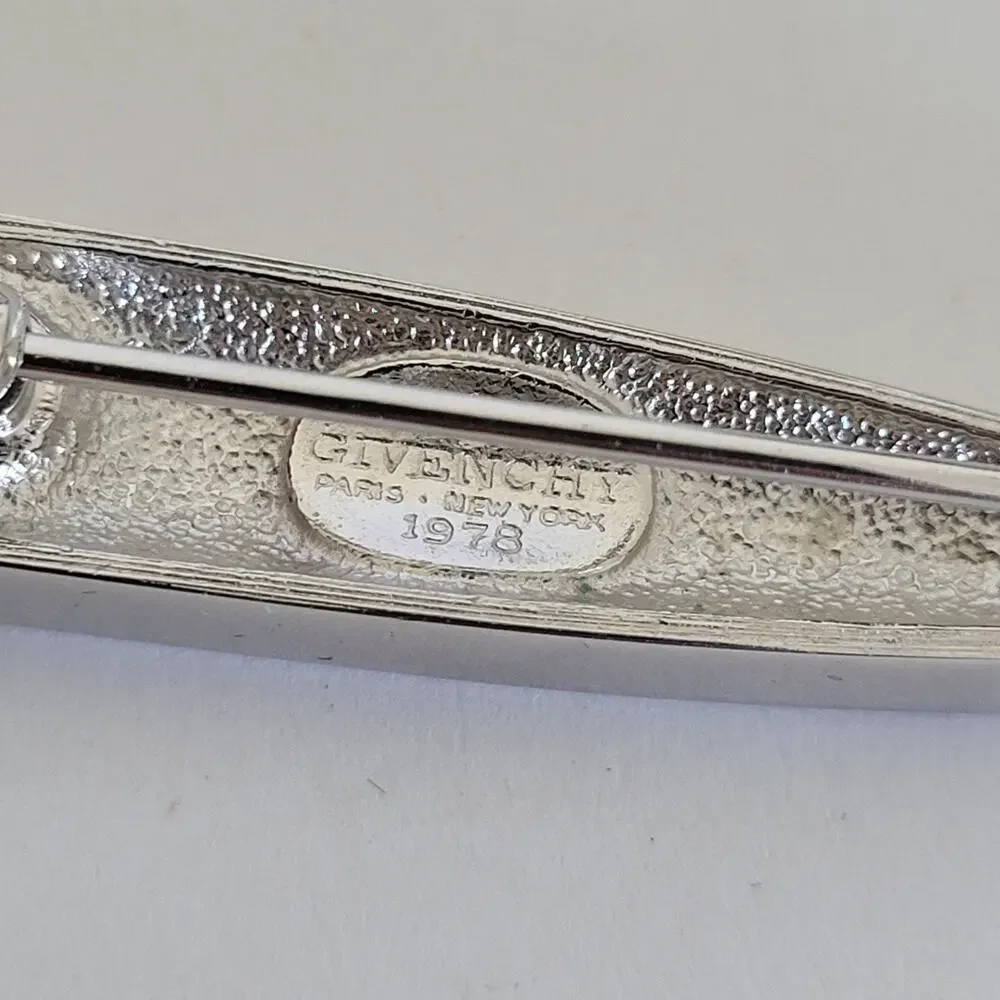 Givenchy Vintage Silver Tone Dagger Clear Rhinestone Brooch Pin Mediu 2inch 1978